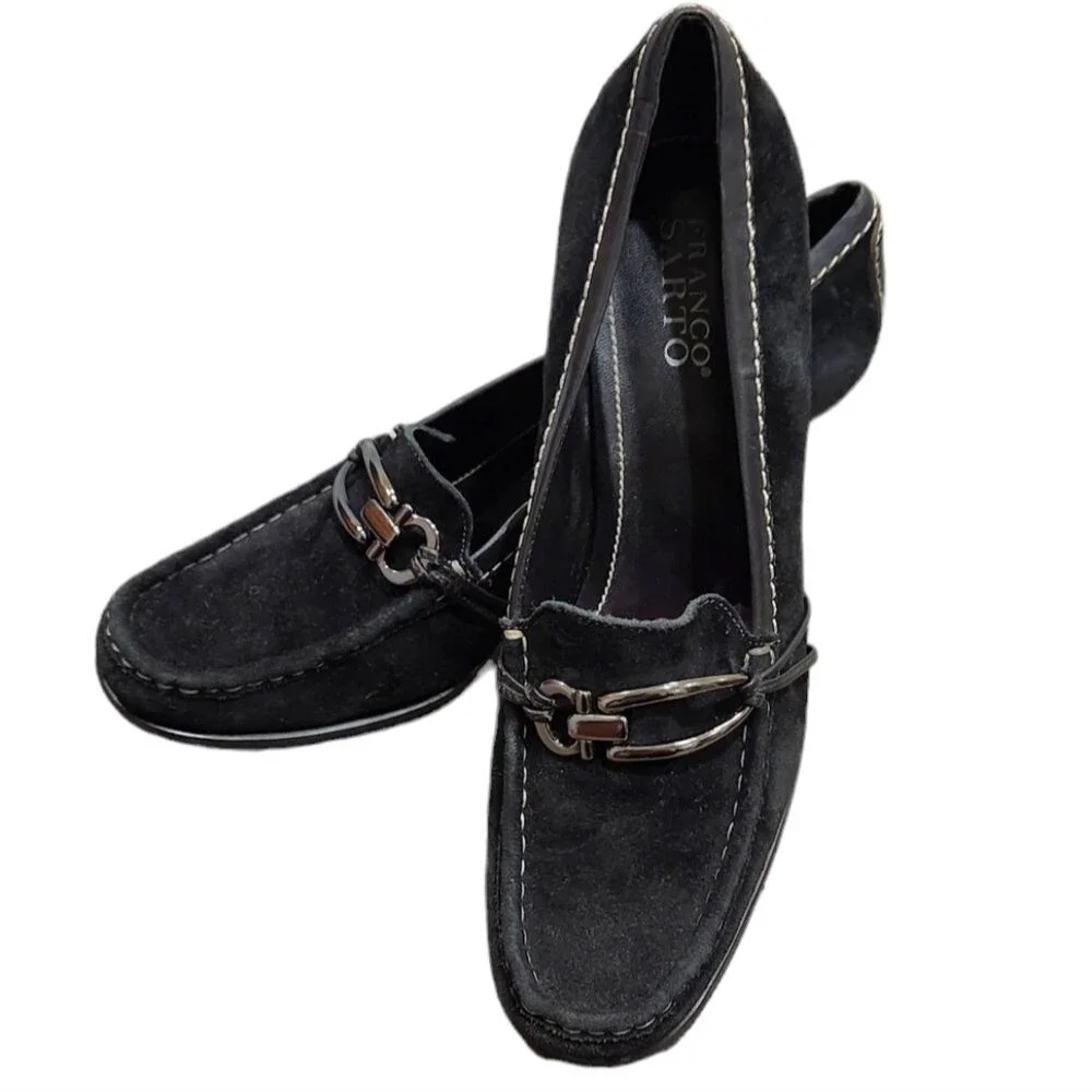 Franco Sarto Black Suede Round Toe Pump Leather Heels Size 10M